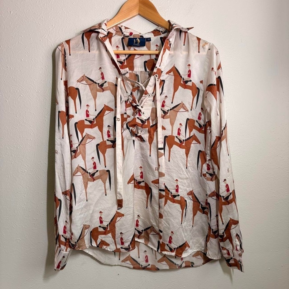 Ronner Women's Tie Front Long Sleeve Light Weight Equestrian Horse Blouse Sz 10
